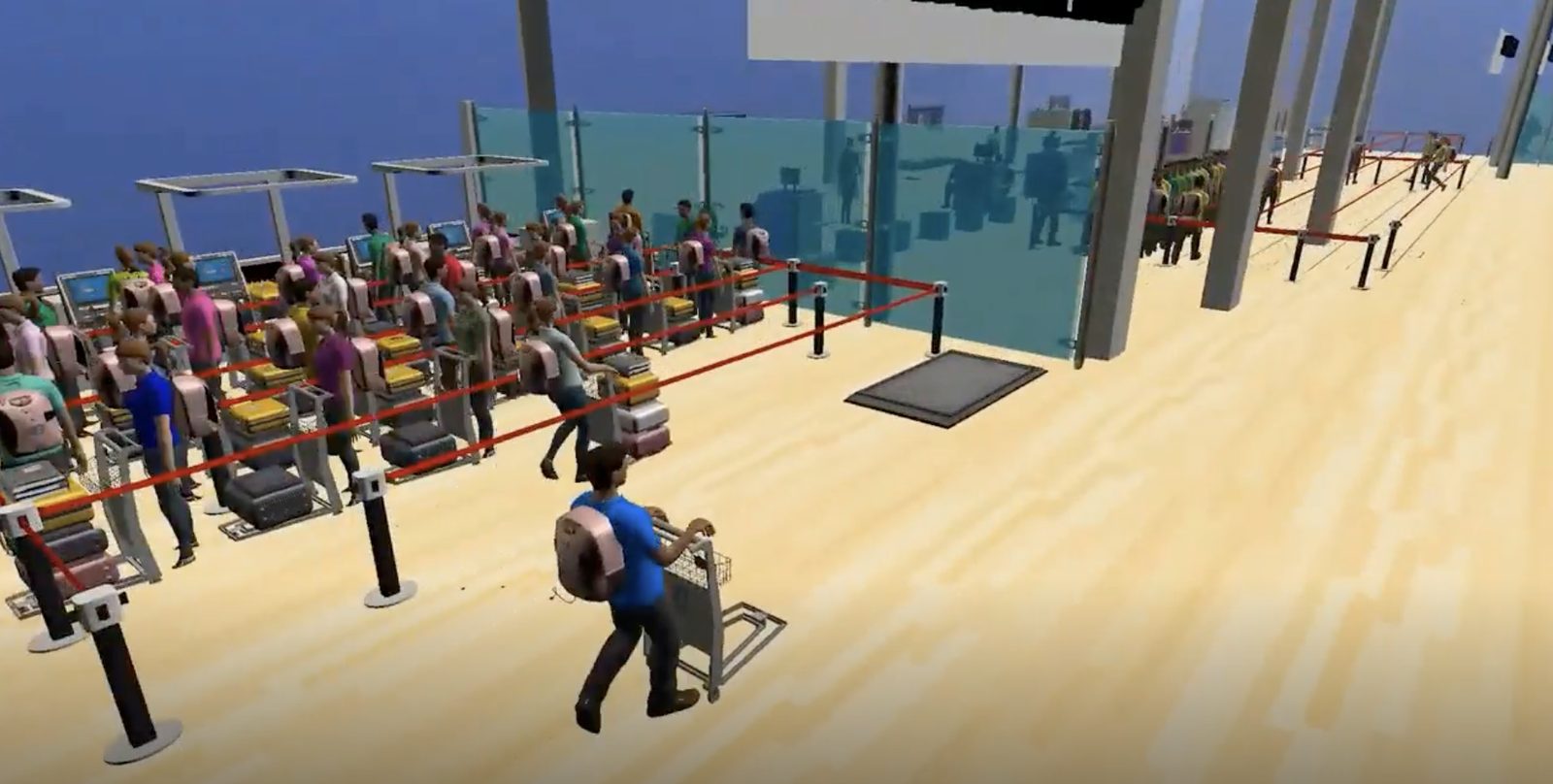 Passengers queueing at X-ray lanes in a FlexSim airport security model, poster frame of the VB simulation video