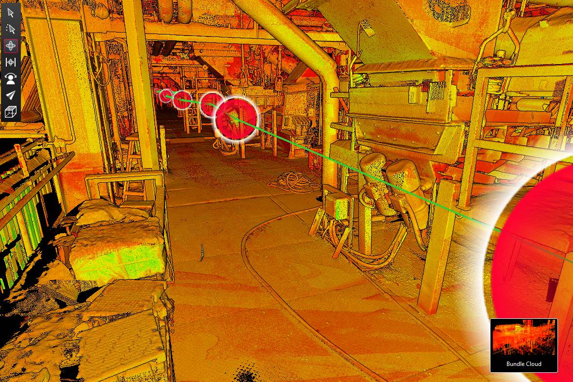 Intensity-coloured point cloud of a plant interior with linked scan positions