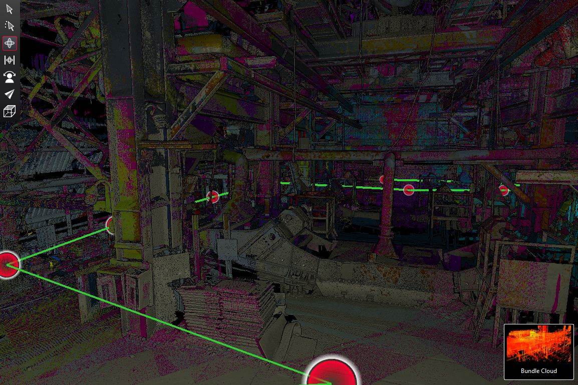 Registered point cloud of a plant interior with linked scan positions