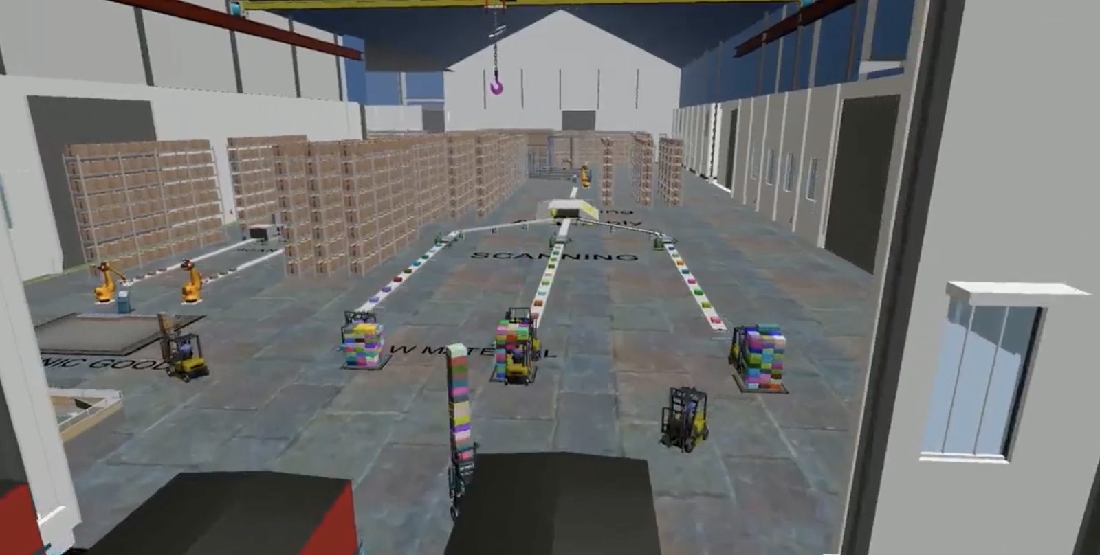 FlexSim 3D model of a container freight station with forklifts, racks and scanning lanes