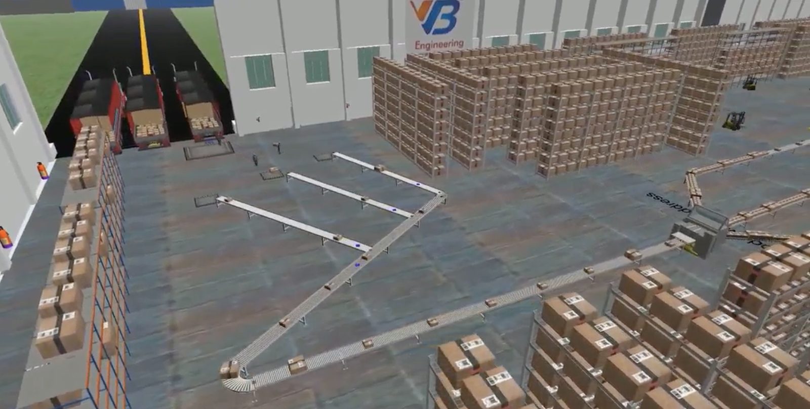 Trucks at the loading dock of a FlexSim warehouse and container freight station model with pallet racking