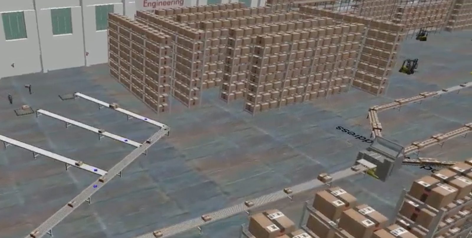 FlexSim warehouse model with pallet racking, a dispatch conveyor and trucks at the dock doors