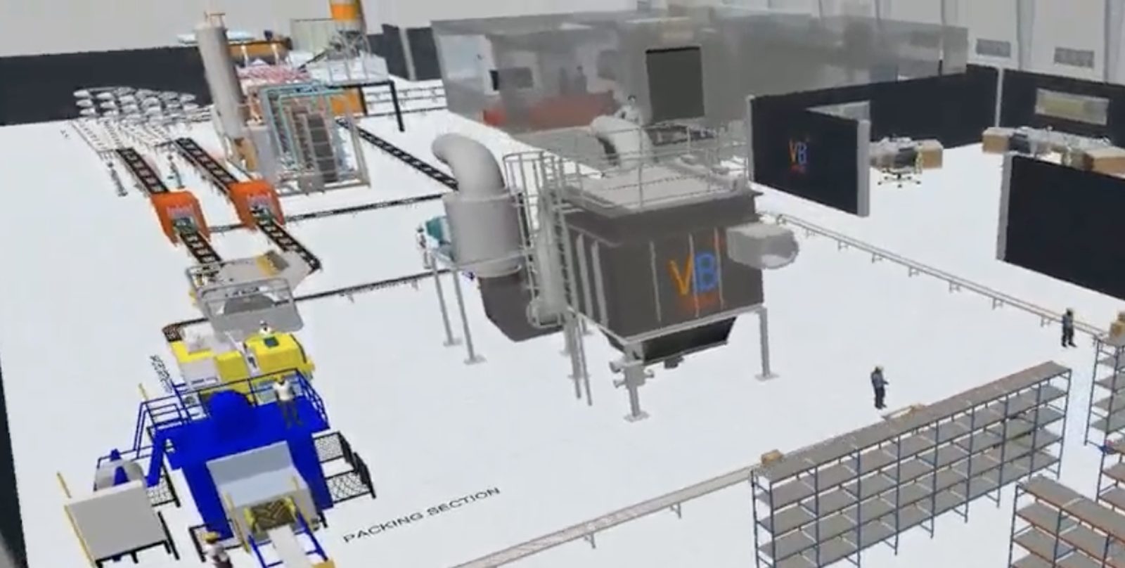 FlexSim model of a packing line with conveyors feeding pallet racking in a warehouse hall
