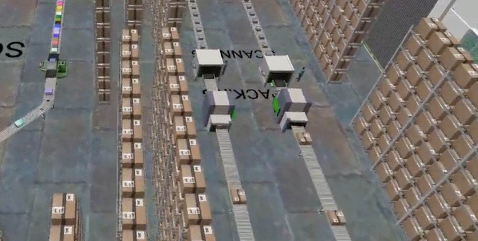 Rack aisles, packing stations and scanning lanes in a FlexSim warehouse model seen from above