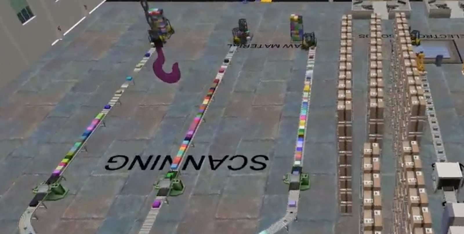 FlexSim 3D model of a warehouse with scanning lanes, transporters and pallet racking