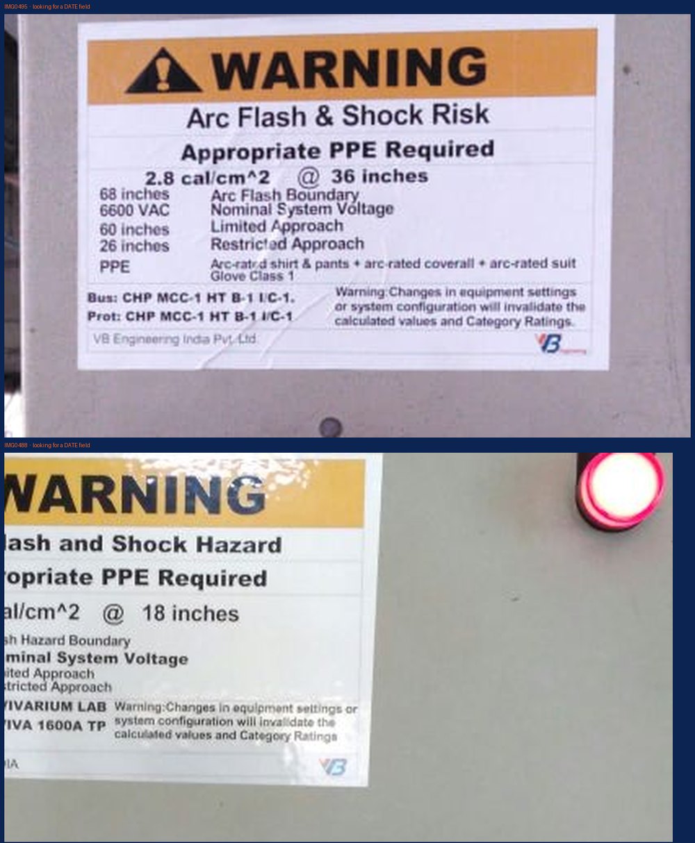 Close-up of a VB arc flash warning label installed on a US panel with incident energy, boundaries and the assessment date