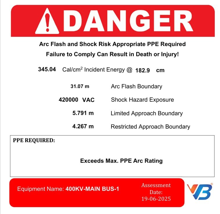 VB arc flash DANGER label artwork for a 400 kV main bus: incident energy, arc flash boundary, shock hazard, approach boundaries, equipment name and assessment date