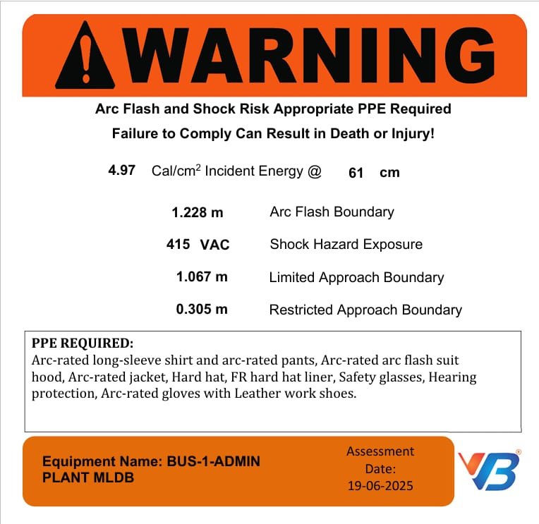 VB Engineering arc flash warning label showing 4.97 cal/cm2 incident energy, arc flash boundary, shock boundaries, PPE required, equipment name and assessment date
