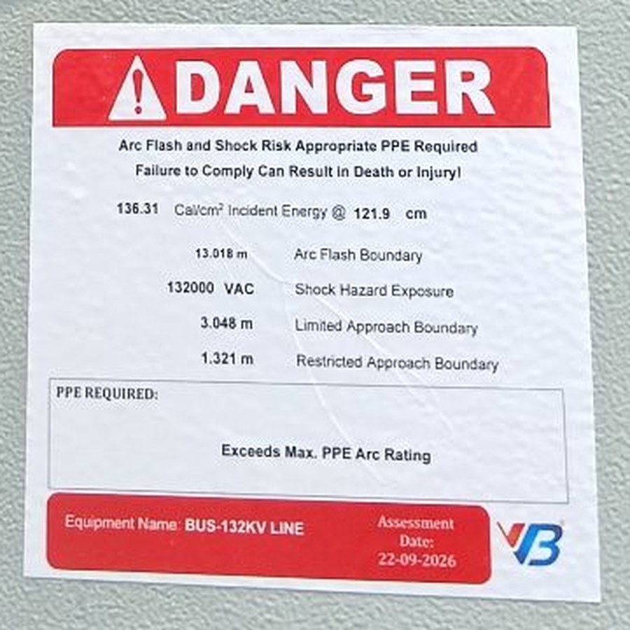 Close-up of a VB arc flash DANGER label: incident energy, arc flash boundary, shock hazard, approach boundaries, equipment name and assessment date