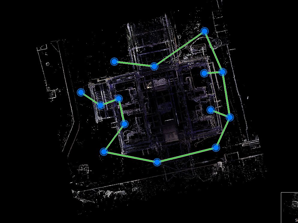 Top-down view of registered laser scan stations joined into one survey
