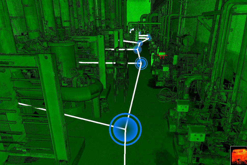 Green intensity point cloud of a plant piping area with a walkthrough path and navigation markers