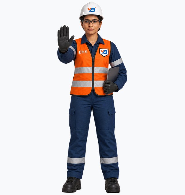 Chetna, the VB Engineering EHS engineer, holding up a hand to mark the point where the standard stops.