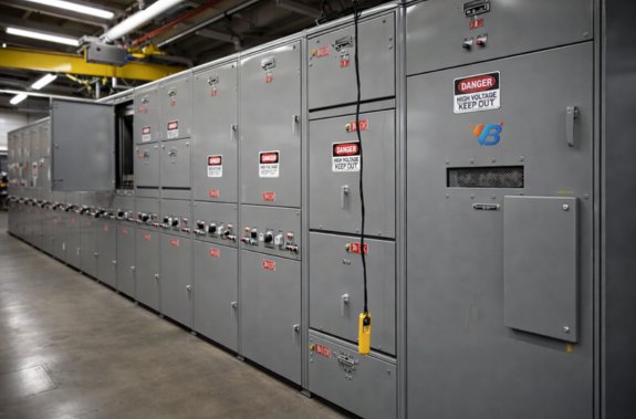 A switchgear lineup in an electrical room, each cubicle carrying high voltage warning signage, with a lockout device hung on one door.