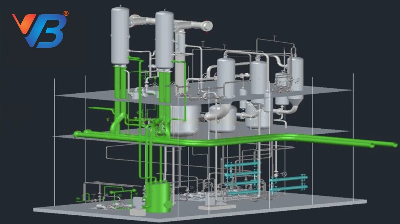 VB 3D model of an evaporator train with vessels, columns and colour-coded piping, the kind of model PlanTwin renders in the browser